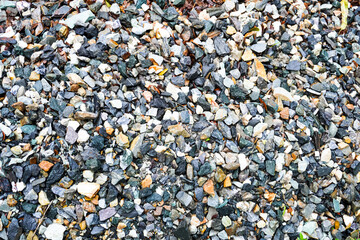 Smooth 3,4 size pebbles texture background. Pebble sea beach close-up, dark wet pebble and gray dry pebble. High quality photo