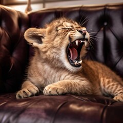 AI generated illustration of a lion cub yawning, sitting on a sofa