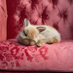 AI generated illustration of a fluffy rabbit sleeping on a sofa