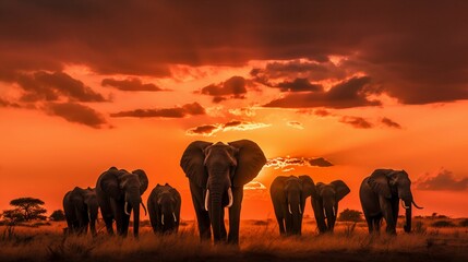 AI generated illustration of a herd of elephants walking through a beautiful landscape at sunset