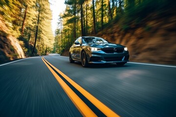 Metallic blue car driving through a serene forest surrounded by tall trees. AI-generated.