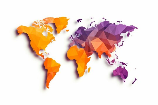 Colorful low poly world map isolated on a white background. AI-generated.