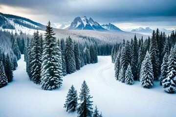 a historic snow fall on mountain ranges having amazing and beautiful view of snow and look like a glacier trees cover with snow on mountain AI Generated 
