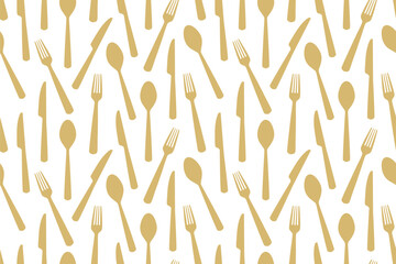 golden seamless cutlery pattern: spoon, knife and fork; kitchen, restaurant, menu background- vector illustration - obrazy, fototapety, plakaty