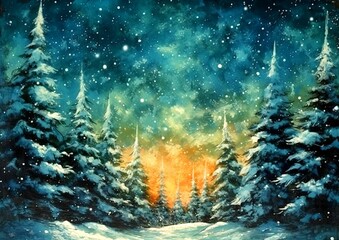AI generated illustration of a painting of a winter landscape, with snow-covered pine trees