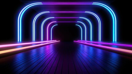 Dark tunnel with neon lights illuminating its walls.  AI-generated.