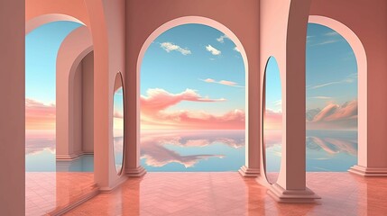 Magical castle with multiple arches against the background of a lake and sky. AI-generated.