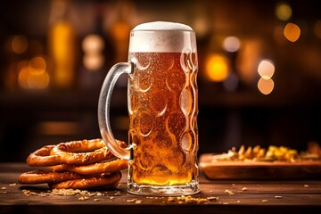 Glass of cold beer with pretzels on a wooden table. AI-generated. - obrazy, fototapety, plakaty
