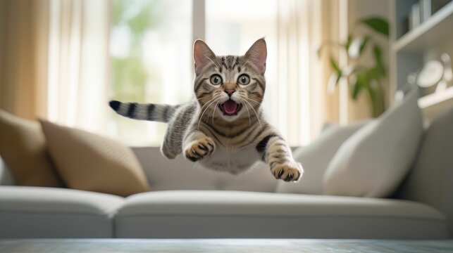 Tabby cat leaps over a comfortable couch, eyes wide open. AI-generated.