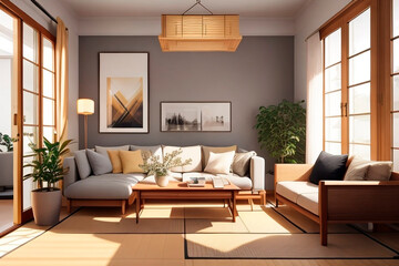 Cozy and modern living room design in the sunlight from the windows. modern style