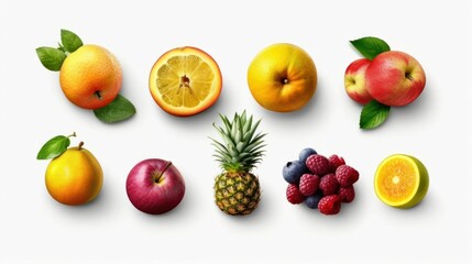 Naklejka na ściany i meble AI generated illustration of An array of colorful fruits arranged on a white background