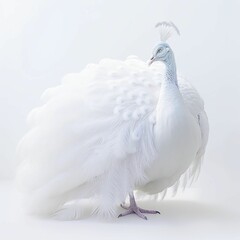 AI generated illustration of a stunning white peacock perched on a white background