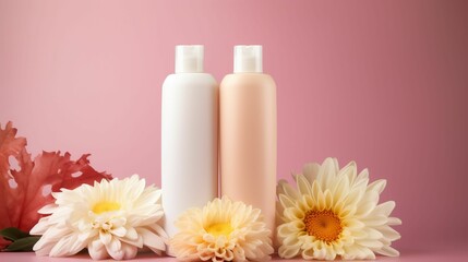 Obraz na płótnie Canvas AI-generated illustration of empty plastic shampoo bottles sitting next to flowers with copy space