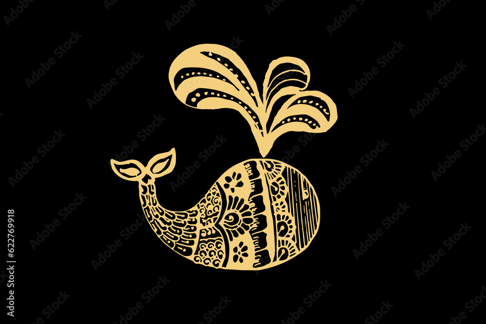 Wall mural Zentangle art for Whale with gold color isolated on dark black background - vector illustration