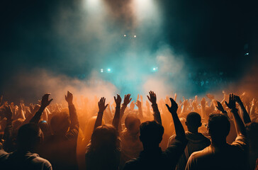 Fototapeta premium view of crowd of excited people having fun in front of stage on music concert Generative AI
