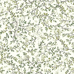 Seamless pattern featuring green leaves and branches, AI-generated.