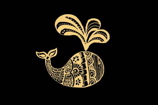 Zentangle art for Whale with gold color isolated on dark black background - vector illustration