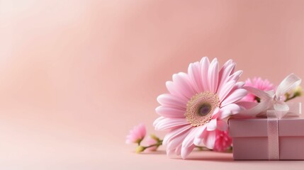 AI generated illustration of a wrapped pink present with a ribbon, pink flowers and copy space