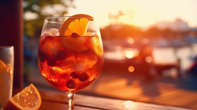 AI generated illustration of a refreshing aperol spritz cocktail garnished with bright orange slices