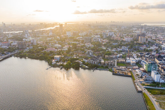 Aerial view of Lagos Lekki Ikoyi link bridge showing parts of Lekki, Ikoyi and Banana Island, Nigeria.