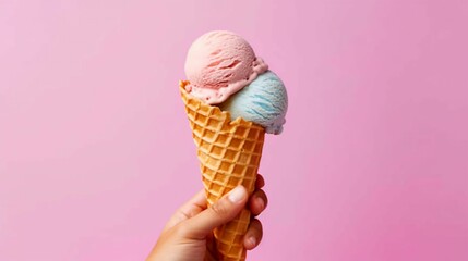 AI generated illustration of a person holding an ice cream cone on a pink background