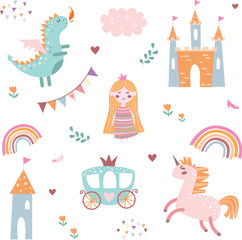 children vector illustration set with princess and unicorn