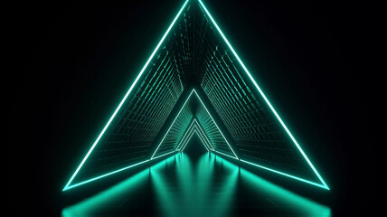 3d render, abstract geometric neon background with glowing triangular frame. Laser linear shape at the end of dark tunnel 