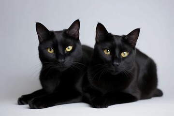 AI generated illustration of two black cats seated on a white surface