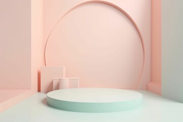 AI generated illustration of an elevated green platform for a product display in a vibrant pink room
