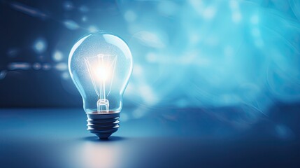 glowing light bulb on a blue background with copy space