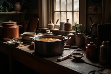 AI generated illustration of a vintage-style kitchen featuring an array of cookware on a table