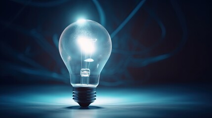 Blue ligh bulb on and black background with copy space