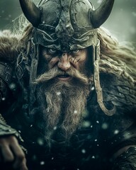 Viking warrior wearing an ornate helmet with two horns. Ai generated