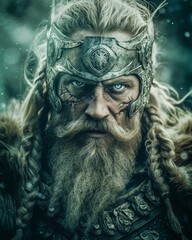 Viking warrior wearing an ornate helmet. Ai generated