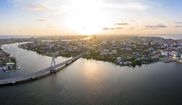 Panoramic view of Lagos Lekki Ikoyi link bridge showing parts of Lekki, Ikoyi and Banana Island, Nigeria.