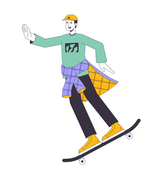 Cheerful skater flat line color vector character. Editable outline full body man rides on skateboard on white. Simple cartoon spot illustration for web graphic design