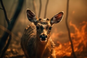 AI generated illustration of a deer walking through a smoky forest engulfed in flames
