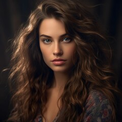 The young girl is posing for the camera on a dark background. Ai generated