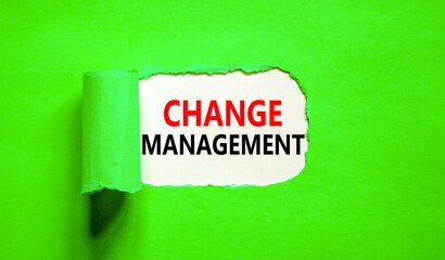 Change management symbol. Concept words Change management on beautiful white paper. Beautiful green background. Business change management concept. Copy space.