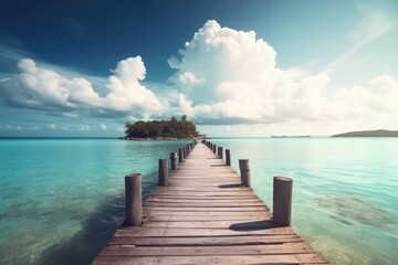 Fototapeta premium Wooden pier to an island in ocean against beautiful blue sky with white clouds. Ai generative.