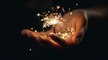 AI generated illustration of a person's hand illuminated by a colorful sparkler on a dark background