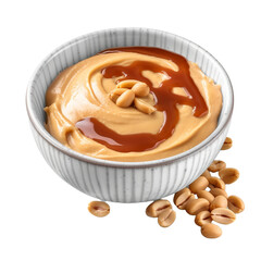 peanut butter cream in a bowl with peanut beans isolated on a transparent background cutout, generative ai