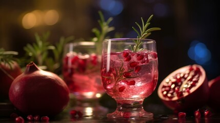 AI-generated illustration of refreshing pomegranate cocktails, with a rosemary garnish