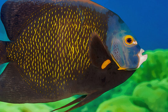 Digitally created watercolor painting of an adult French Angelfish Pomacanthus paru in a blue ocean