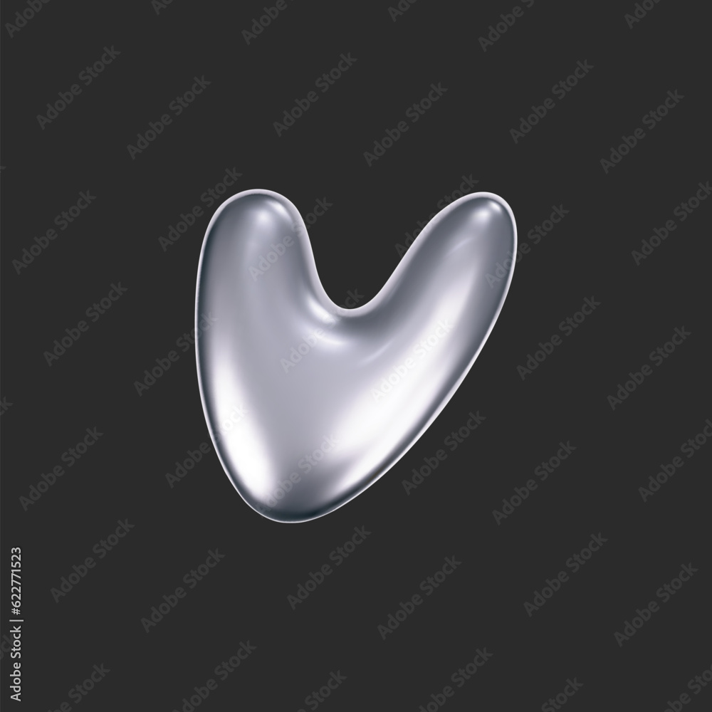 Wall mural chrome liquid 3d heart shape in y2k style isolated on a dark background. render of 3d metal silver h
