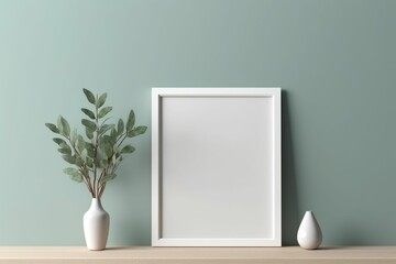 AI generated illustration of a photo frame mockup with copyspace and decorative plants