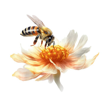 bee and flower , isolated on transparent background cutout