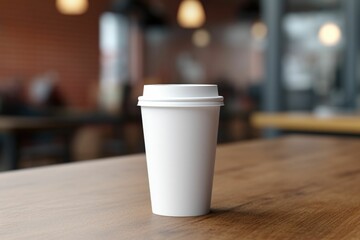 AI generated illustration of a paper coffee cup mockup with copyspace in a cafe