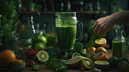 Person making green juice with fresh vegetables and fruits, Ai-generated.