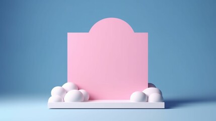 a white and pink sign with clouds around it on a blue surface